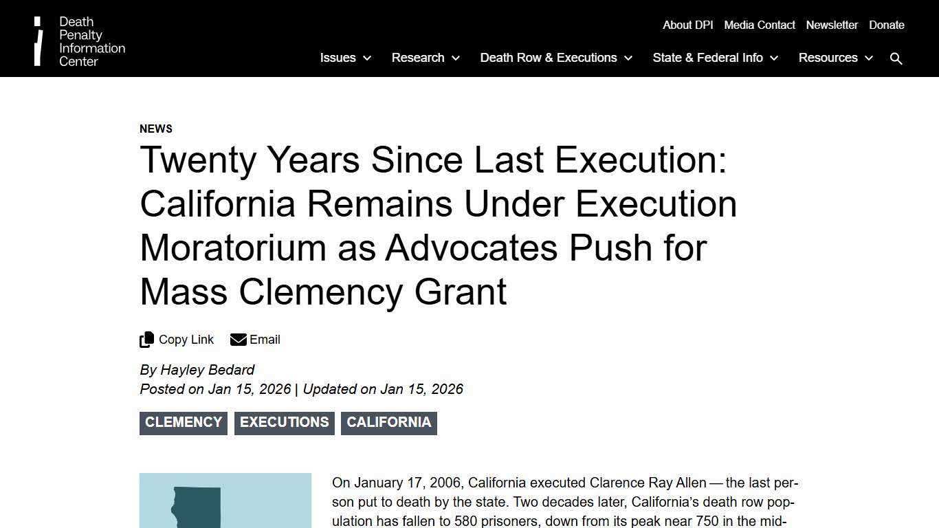 Twenty Years Since Last Execution: California Remains Under Execution Moratorium as Advocates Push for Mass Clemency Grant | Death Penalty Information Center